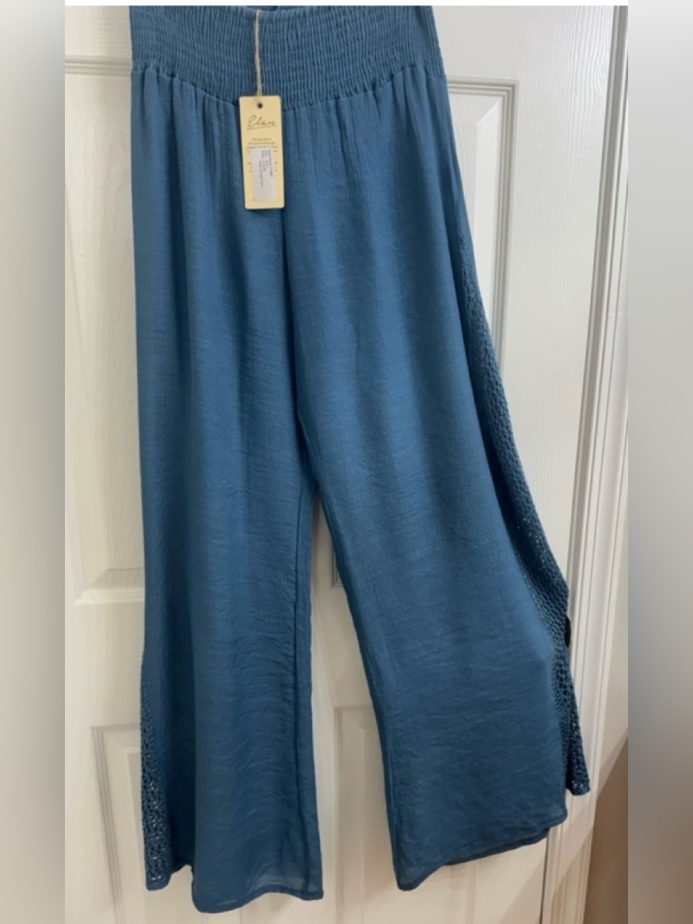 🤩 NWT Beautiful Blue Wide Leg Gauze open knit side panels sheer cover up Pants